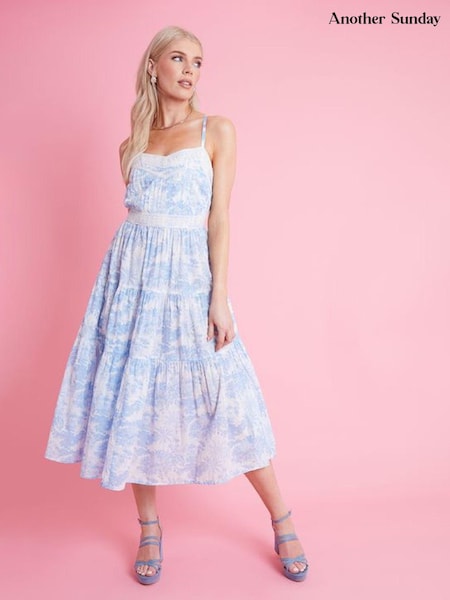 Another Sunday Blue Floral Scenic Print Ruffle Hem Tiered Strappy 100% Cotton Midi Dress with Lace Trims (E18010) | 242 LEI