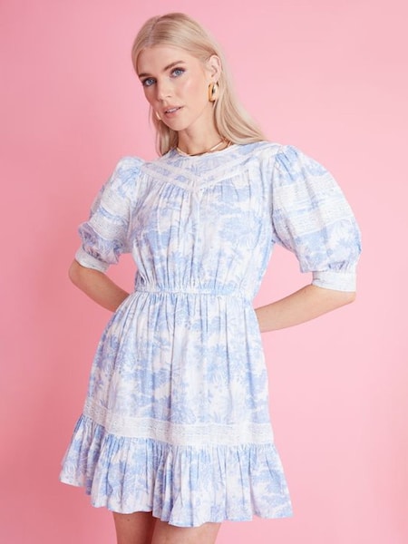 Another Sunday Mini Blue Ruffle Hem Scenic Floral Print 100% Cotton Dress with Lace Trims (E18012) | 196 LEI