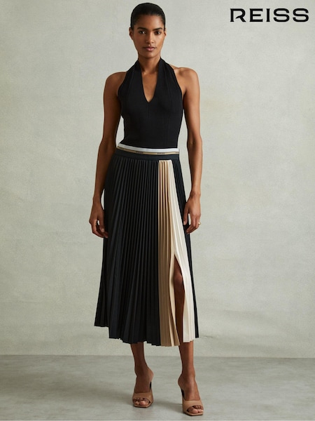 Reiss Black Iris Pleated Waistband Detail Midi Skirt (E18019) | €221
