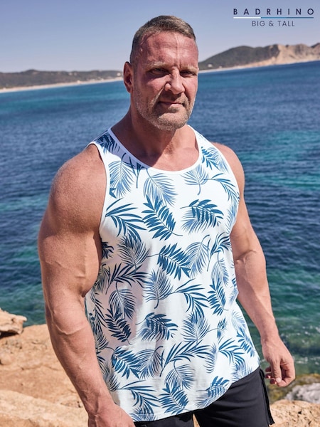 BadRhino Big & Tall White Leaf Print 100% Cotton Vest Top (E18031) | €25