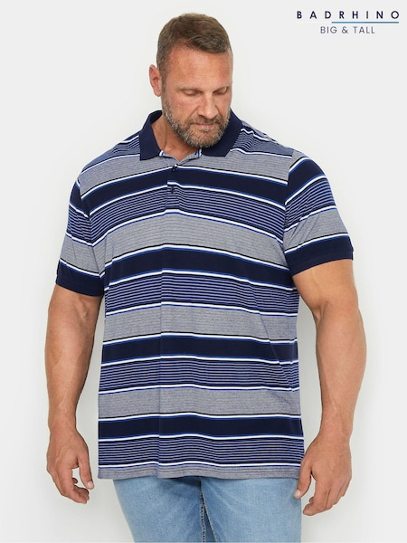 BadRhino Big & Tall Blue Multi Stripe 100% Cotton Polo Shirt (E18055) | 129 QAR