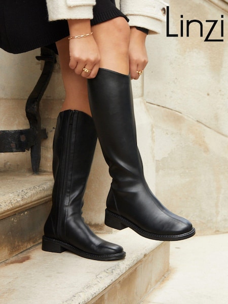 Linzi Black Nadine High Leg Low Block Heeled Boots (E18183) | $87