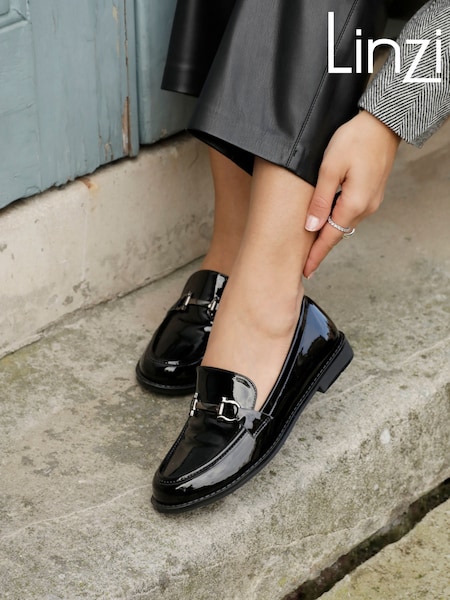 Linzi Black Belle Patent Slip-Ons Leather Loafers With Gold Trim (E18195) | €45