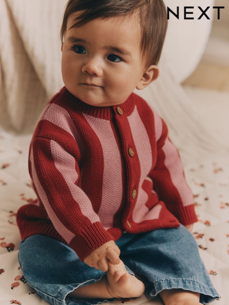Roza/rdeče črte - Baby 100% Cotton Knitted Cardigan (0mths-2yrs) (E18196) | € 11 - € 14