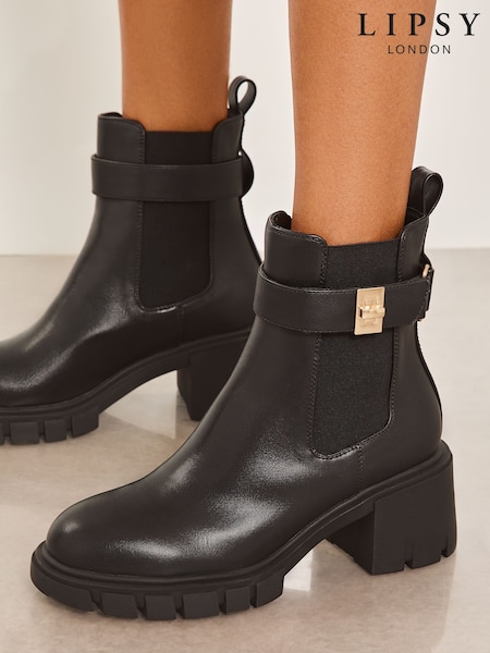 Lipsy Black Low Block Casual Chunky Chelsea Faux Leather Ankle Boots (E18328) | AED123