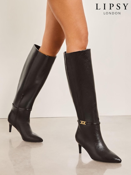 Lipsy Black Straight Leg Faux Leather Long Knee High Boots (E18331) | 217 QAR