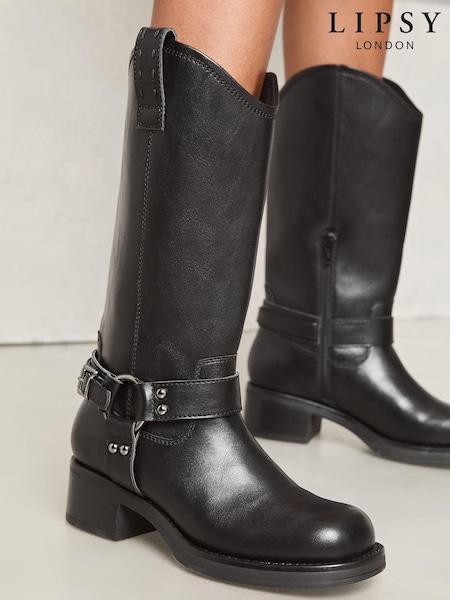 Lipsy Black Western Moto Biker Flat Chunky Comfort Faux Leather Boot (E18335) | €38