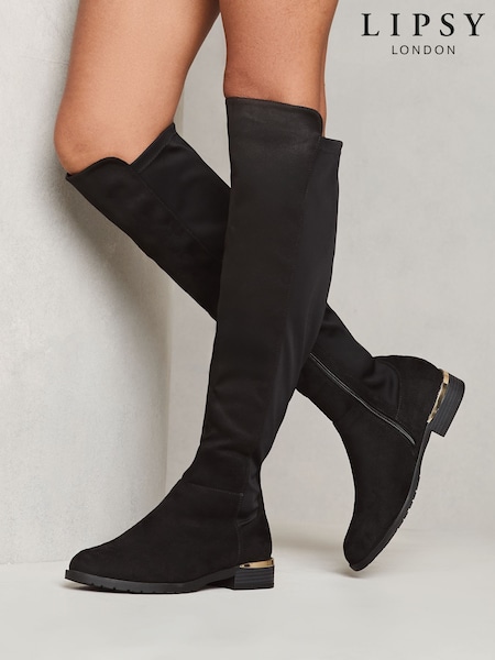 Lipsy Black Standard Fit Elastic Flat Knee High Long Faux Suede boot (E18339) | AED136