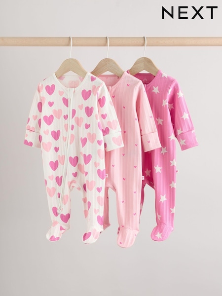 Pink - Baby Pink Heart Printed 100% Cotton Sleepsuit 3 Pack (0mths-2yrs) (0mths-2yrs) (E18351) | 24 € - 27 €