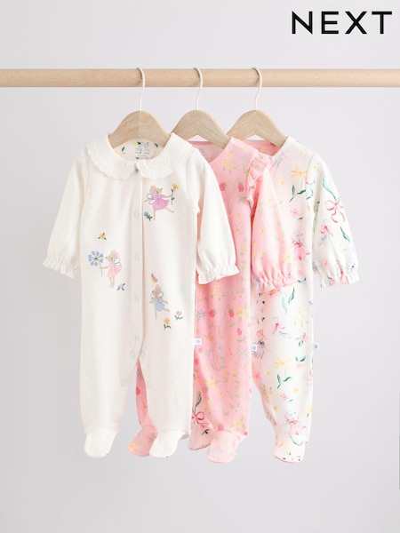 Pink - Baby Frill Printed 100% Cotton Sleepsuits 3 Pack (0-2yrs) (E18356) | 28 € - 31 €
