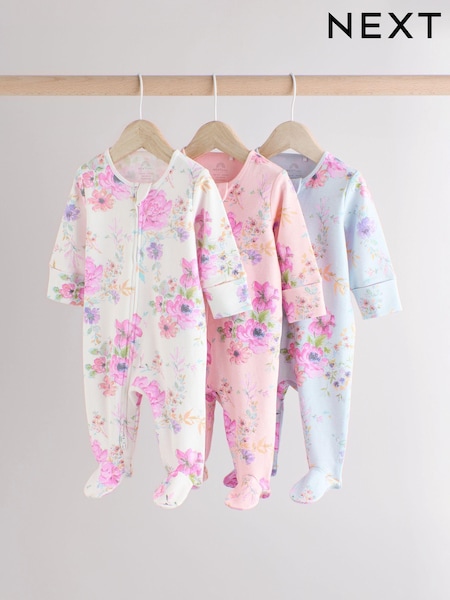 ורוד - Floral Baby 100% Cotton Sleepsuits 3 Pack (0mths-2yrs) (E18358) | ‏80‏₪ - ‏88‏ ₪