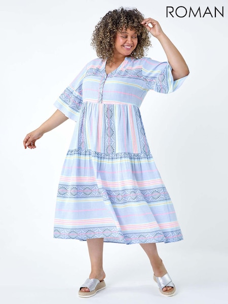 Roman Blue Stripe Print Boho Tiered Dress (E18471) | €63