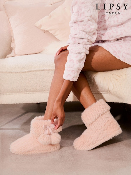 Lipsy Pink Super Soft Pom Faux Fur Nightwear Bootie Slippers (E18505) | €13