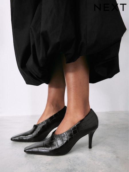 Black Premium Leather High Cut Chisel Toe Court Shoes (E18631) | $68