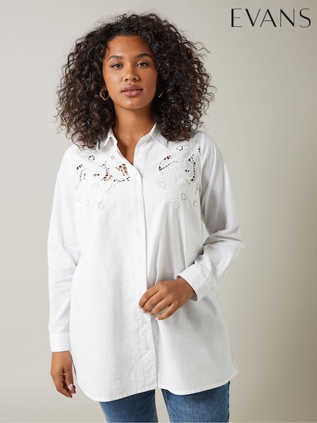 Evans Curve Embroidered Floral 100% Cotton White Shirt (E18734) | ₪196