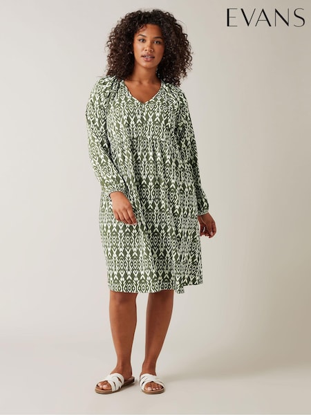 Evans Olive Green Ikat Crinkle Midi Dress (E18756) | €56