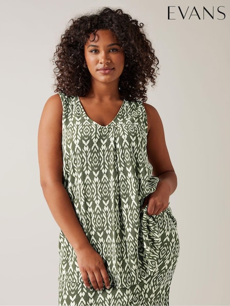 Evans Olive Green Ikat Crinkle Vest Top (E18771) | ‏111‏₪