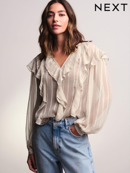 Neutral Sheer Long Sleeve Embellished Ruffle Blouse (E18864) | € 6