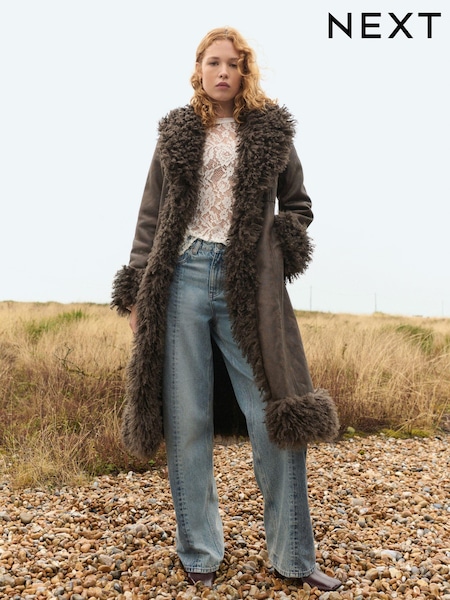 Chocolate Brown Penny Lane Faux Fur Lined Longline Coat (E18866) | €52
