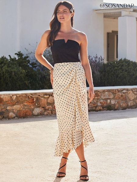 Sosandar White Petite Spot Print Satin Ruffle Hem Midi Skirt (E18959) | €27