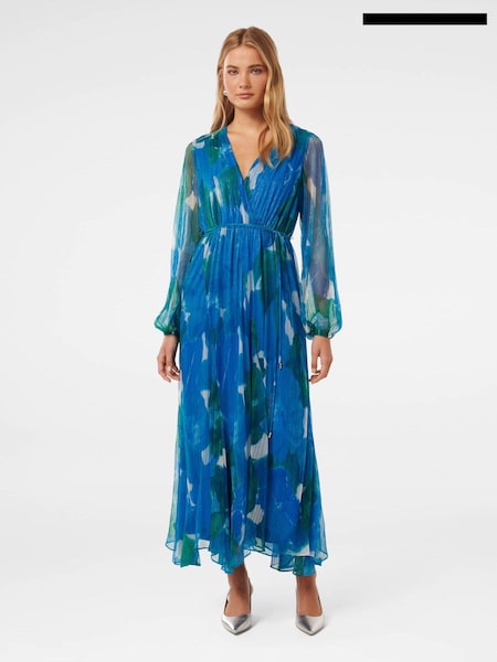Forever New Blue August Printed Plisse Midi Dress (E19497) | €72
