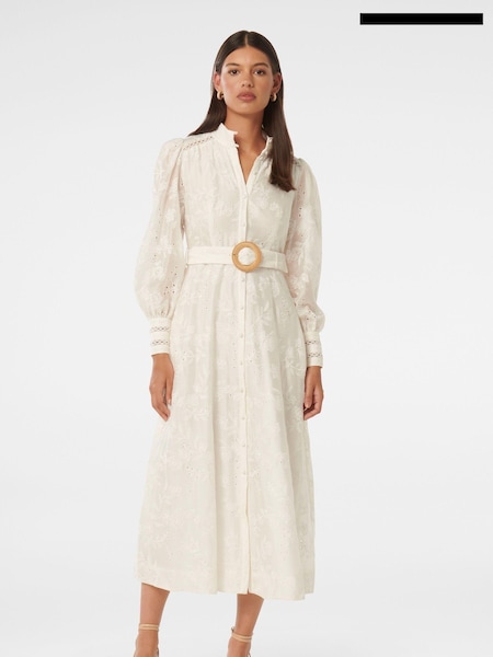 Forever New White Autumn Embroidered Midi Dress contains Linen (E19500) | €86