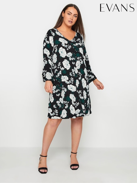 Evans Floral Print Bell Sleeve Midi Black Dress (E19592) | ‏211‏₪