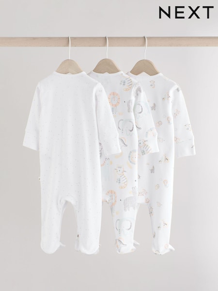 Weiß - Baby Animal Print 100% Cotton Sleepsuits 3 Pack (0-2yrs) (E19700) | 28 € - 31 €