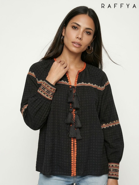 Black - Raffya Shilo Embroidered Collarless Blouse