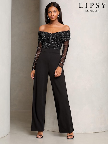 Lipsy Black Bardot Glitter Mesh Jumpsuit (E19743) | 276 QAR
