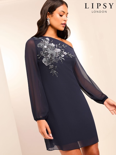 Lipsy Navy Drop Shoulder Long Sleeve Hand Embellished Mini Shift Dress (E19803) | €48