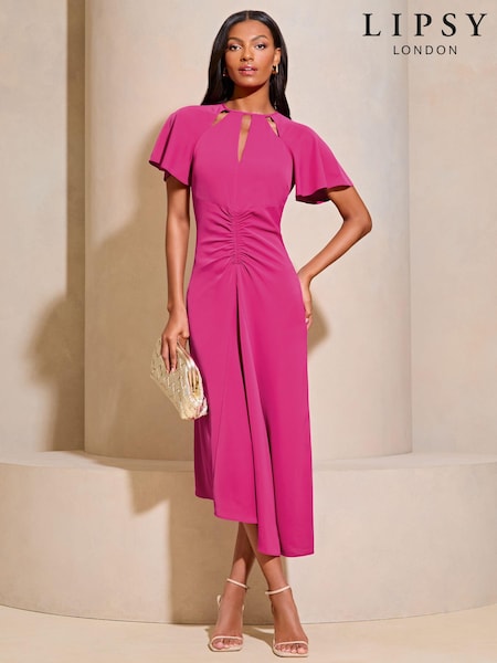Lipsy Pink Ruched Front Keyhole Cut Out Asymmetrical Midi Dress (E19805) | 161 QAR