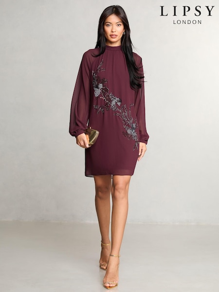 Lipsy Red Long Sleeve Hand Embellished Artwork Mini Shift Dress (E19813) | €55