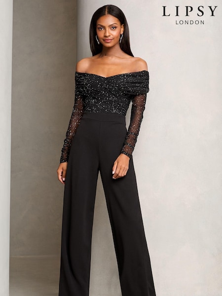 Lipsy Black Petite Bardot Glitter Mesh Jumpsuit (E19817) | 276 QAR