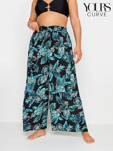 Yours Curve Black Tropical Print Crinkle Tassel Trousers (E19840) | €31