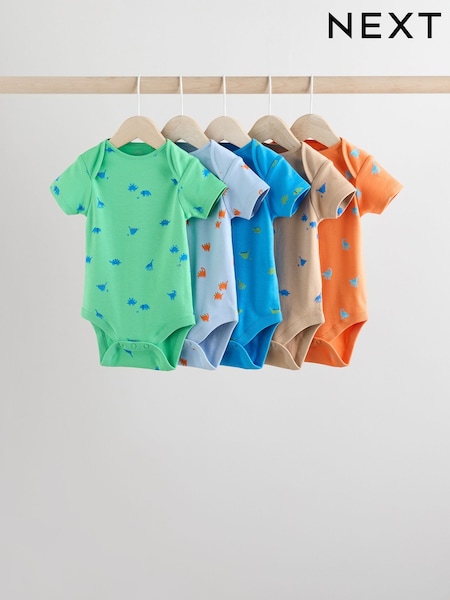 Blue/Green/Red Dinosaur Print Short Sleeve Baby Bodysuits 5 Pack (E19890) | CA$47 - CA$53