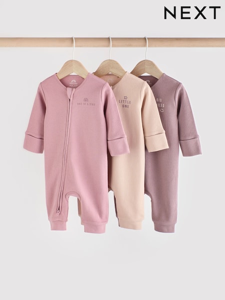 Pink/Violett - 100% Cotton Two Way Zip Baby Sleepsuit 3 Pack (0mths-3yrs) (E19901) | 18 € - 19 €