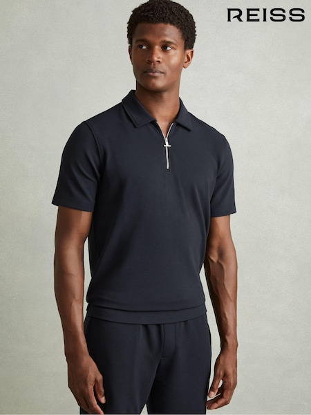 Reiss Navy Albany Textured Zip-Neck Polo Shirt (E19925) | $135