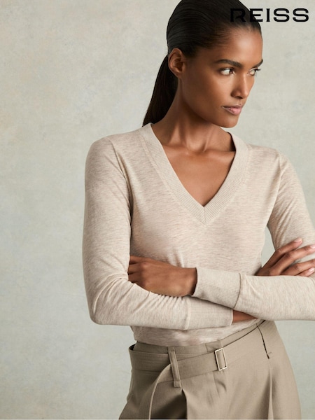 Hiekanvärinen - Reiss Evelyn Lyocell Wool Marled V-neck Top (E19934) | €139