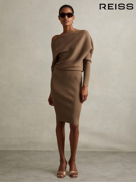 Reiss Mink Lara Off-The-Shoulder Ribbed Midi Dress (E19936) | $262