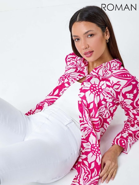 Roman Pink Floral Print Longline 100% Cotton Shirt (E21089) | ₪239