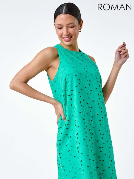 Roman Green 100% Cotton Embroidery Detail Shift Dress (E21103) | €46