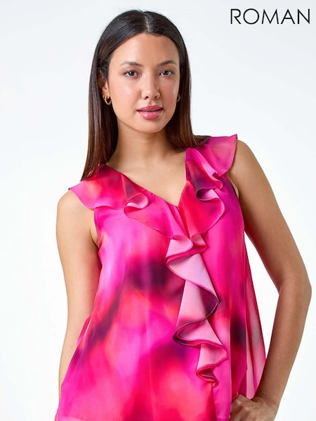 Roman Pink Ombre Print Ruffle Front Top (E21106) | € 55