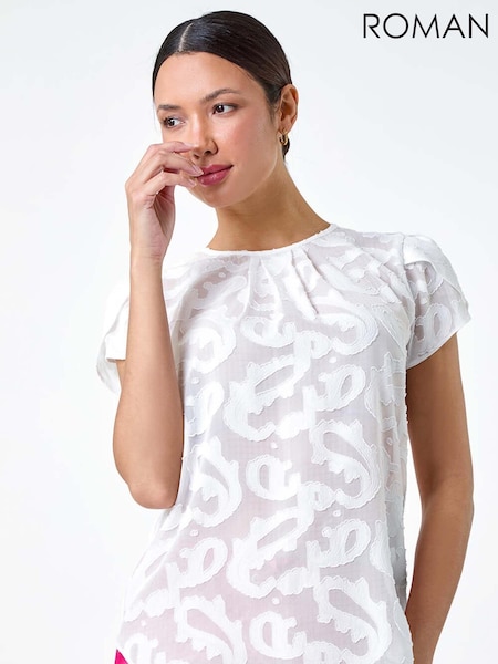 Roman White Jacquard Paisley Print Top (E21108) | 79 QAR
