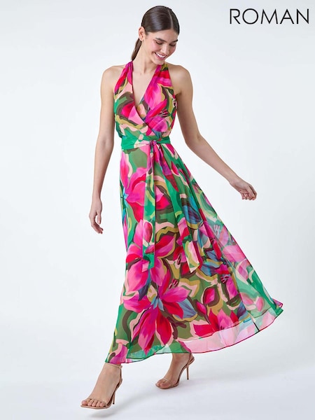 Roman Floral Print Halterneck Maxi Dress (E21110) | €102