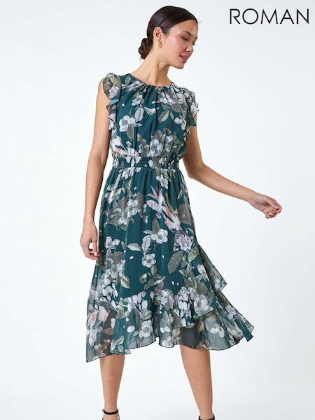 Roman Green Floral Print Frill Shirred Midi Dress (E21117) | € 75