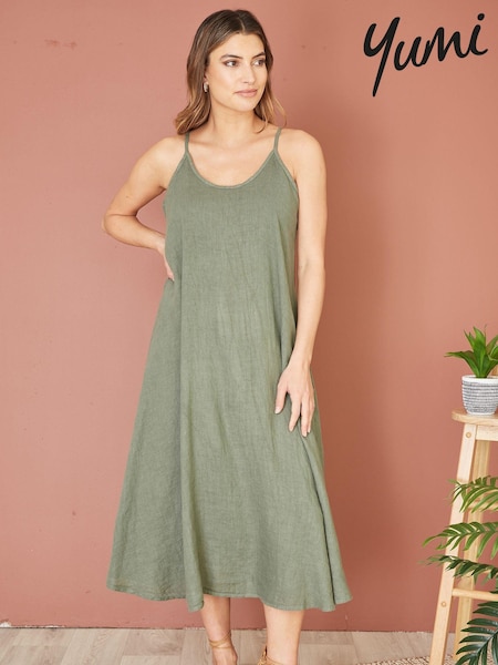 Verde - Yumi Relaxed Fit Italiană 100% Lenjerie de pat Midi Sundress (E21120) | 178 LEI