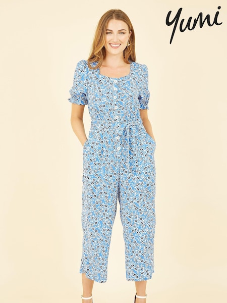 Yumi Blue Floral Puff Sleeve Jumpsuit (E21127) | €34