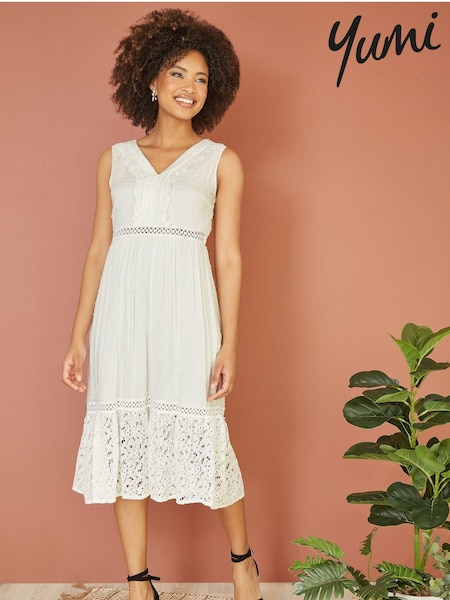 Yumi White Lace And Dobby Cotton Midi Dress (E21153) | 247 QAR