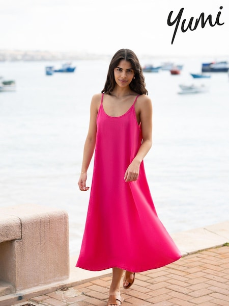 Yumi Pink Relaxed Fit Italian 100% Linen Midi Sundress (E21158) | €33